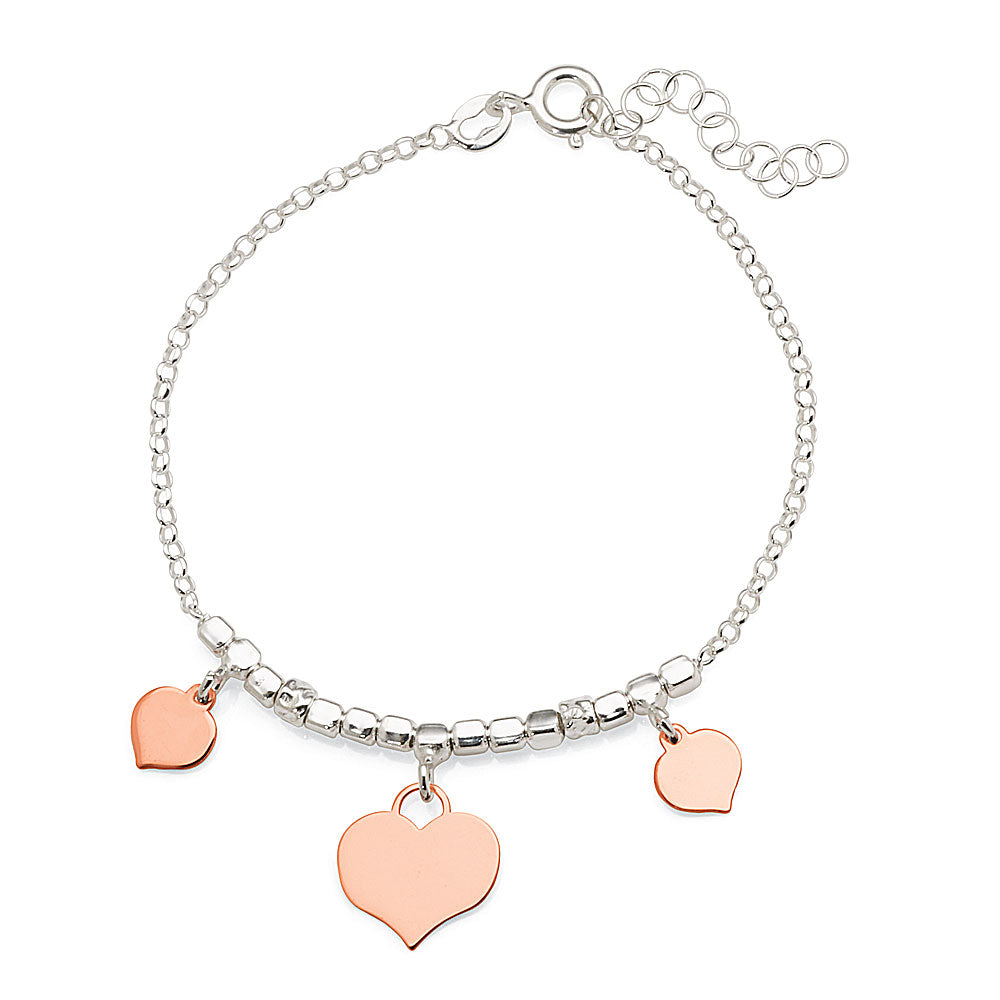 Sterling Silver Rose Tone Flat Hanging Heart Charm Bracelet