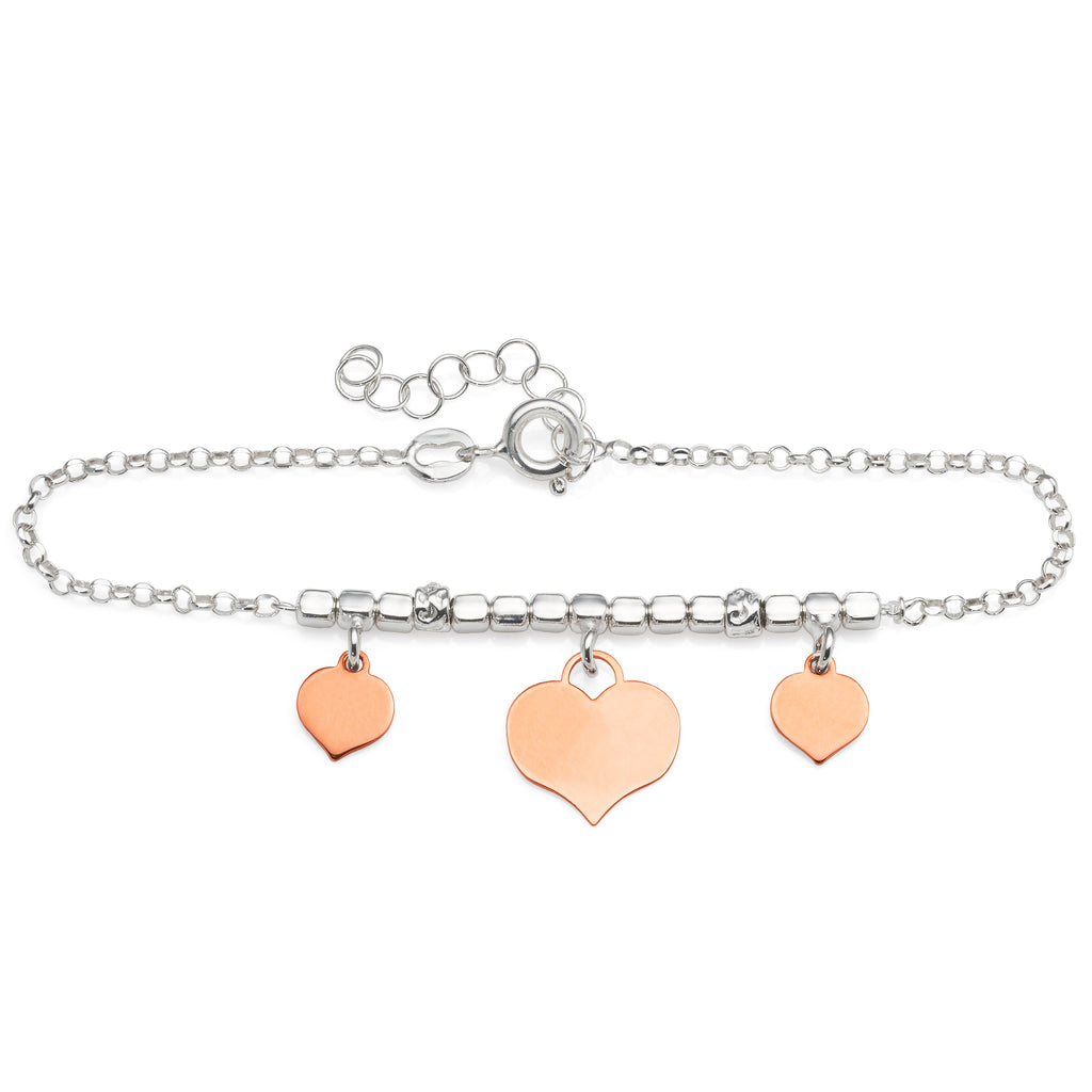 Sterling Silver Rose Tone Flat Hanging Heart Charm Bracelet