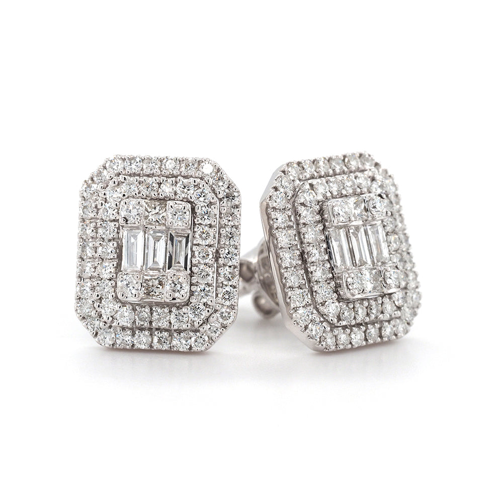 9ct White Gold Baguette & Princess Diamond Halo Studs TDW 1.