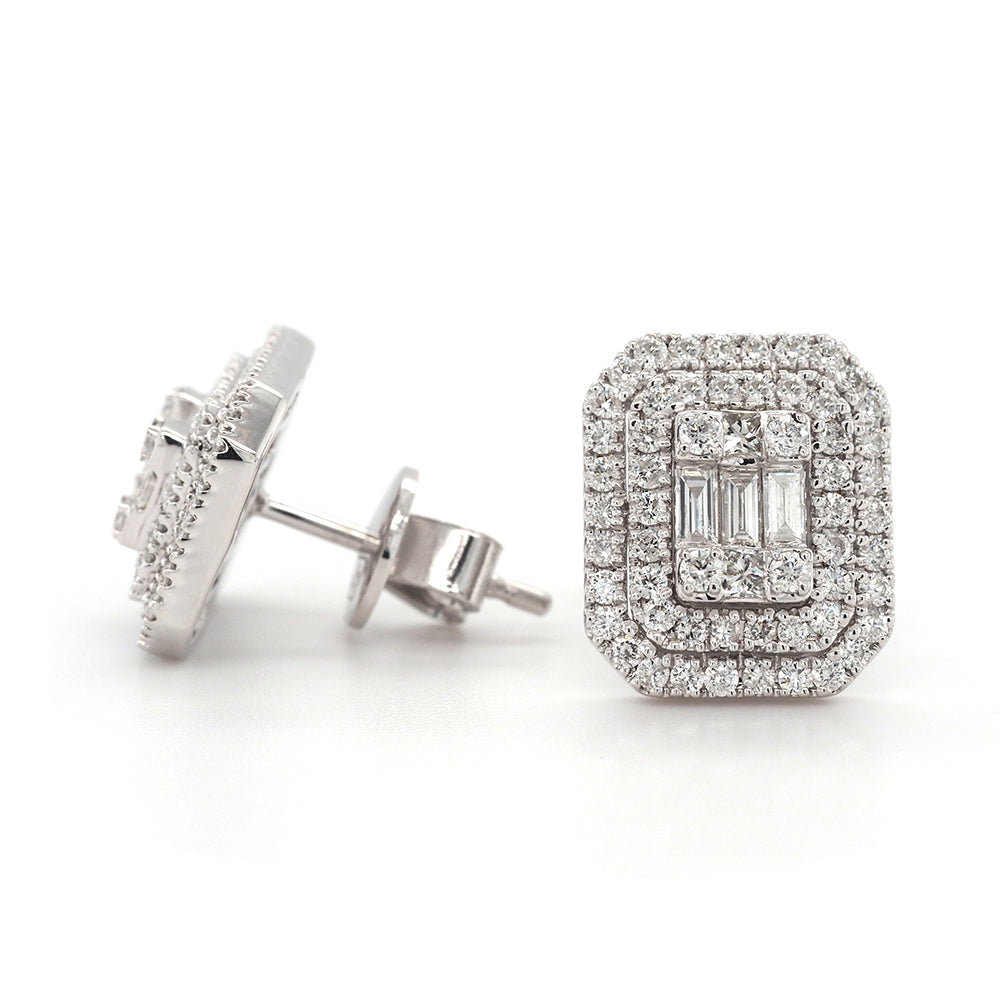 9ct White Gold Baguette & Princess Diamond Halo Studs TDW 1.