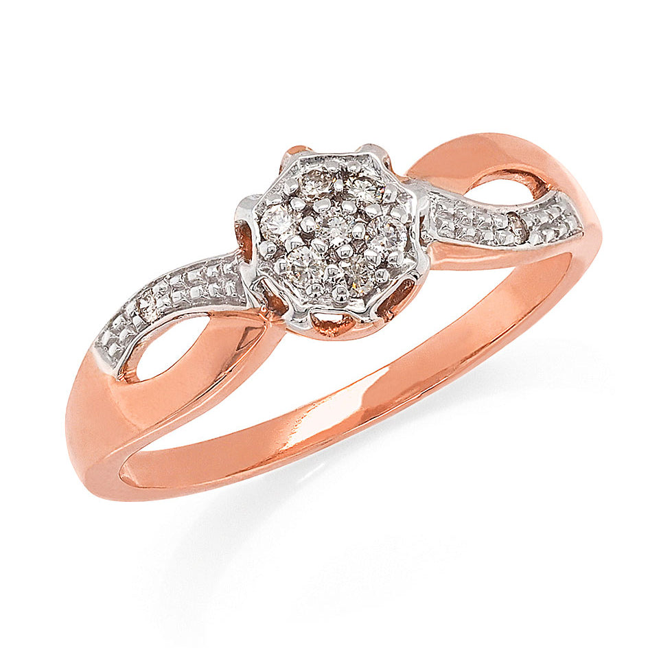 9ct Rose Gold Diamond Flower Cluster Open Loop Shoulder Ring