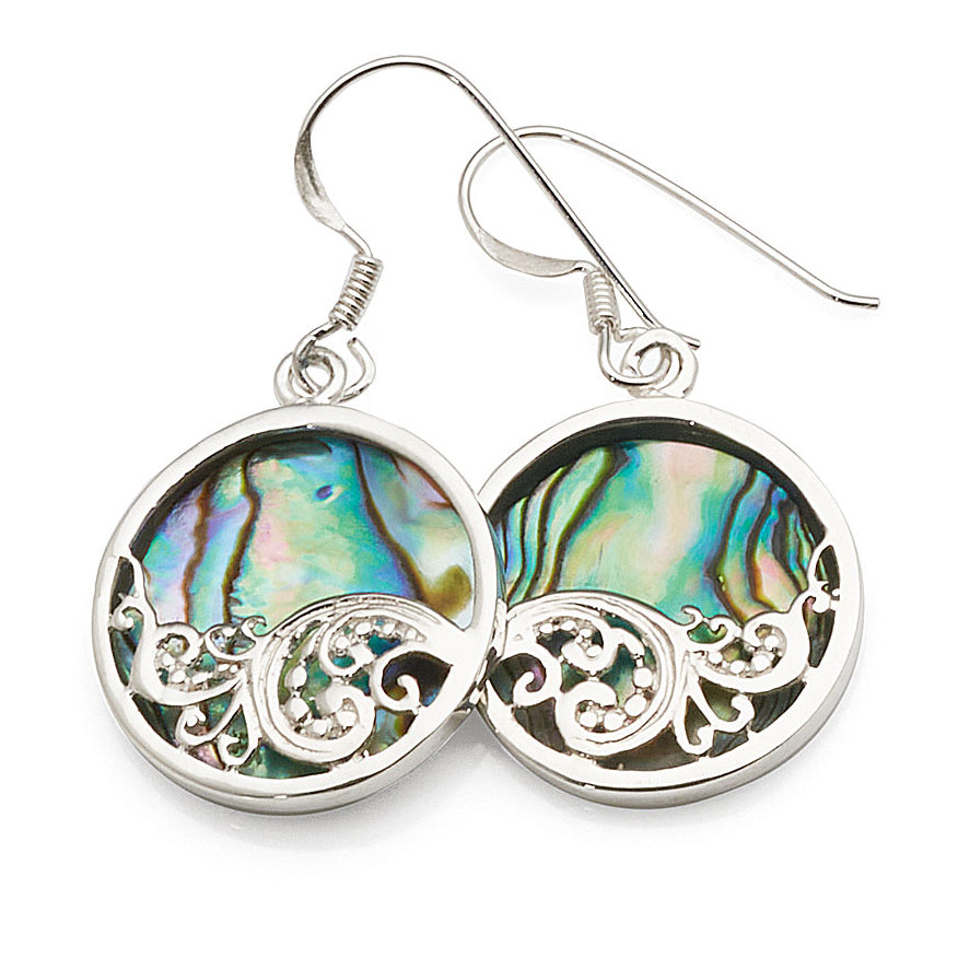 Sterling Silver Paua Shell Filigree Round Hook Earrings