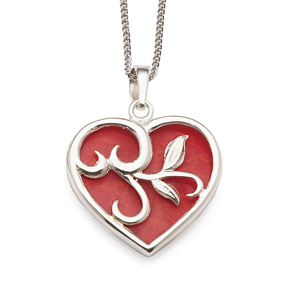 Sterling Silver Red Coral Heart Swirl Pendant