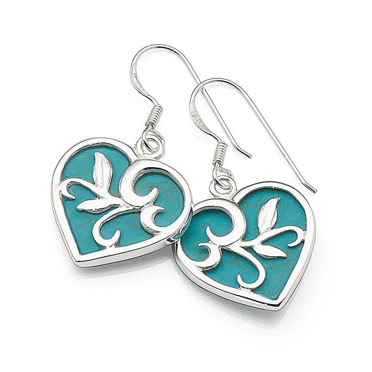 Sterling Silver Created Turquoise Heart Filigree Leaf Hook E