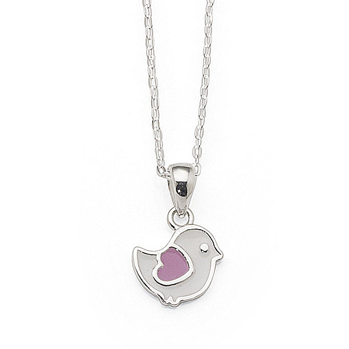 Sterling Silver Lavender & White Enamel Bird Pendant On 42cm