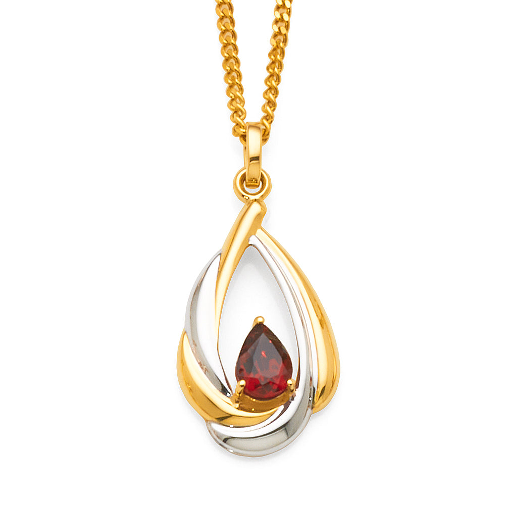 9ct 2-Tone Gold Garnet Open Pear Shaped Pendant