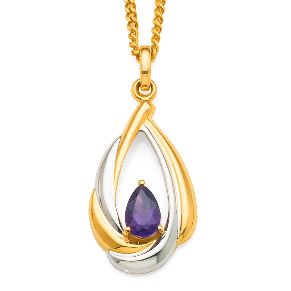 9ct 2-Tone Gold Open Pear Shaped Amethyst Pendant