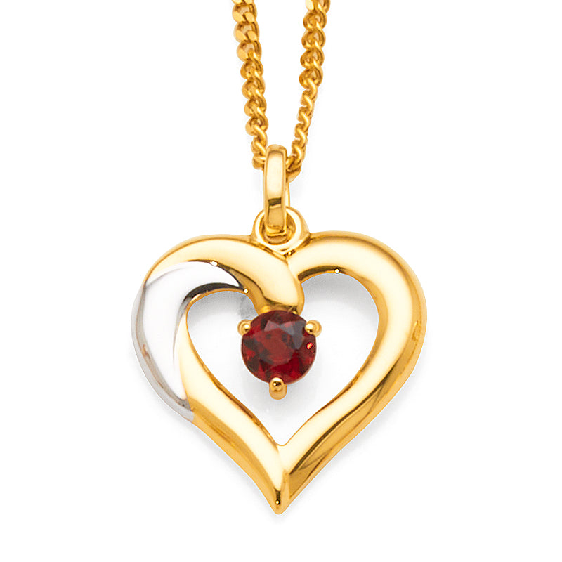 9ct 2-Tone Gold Open Heart Garnet Pendant
