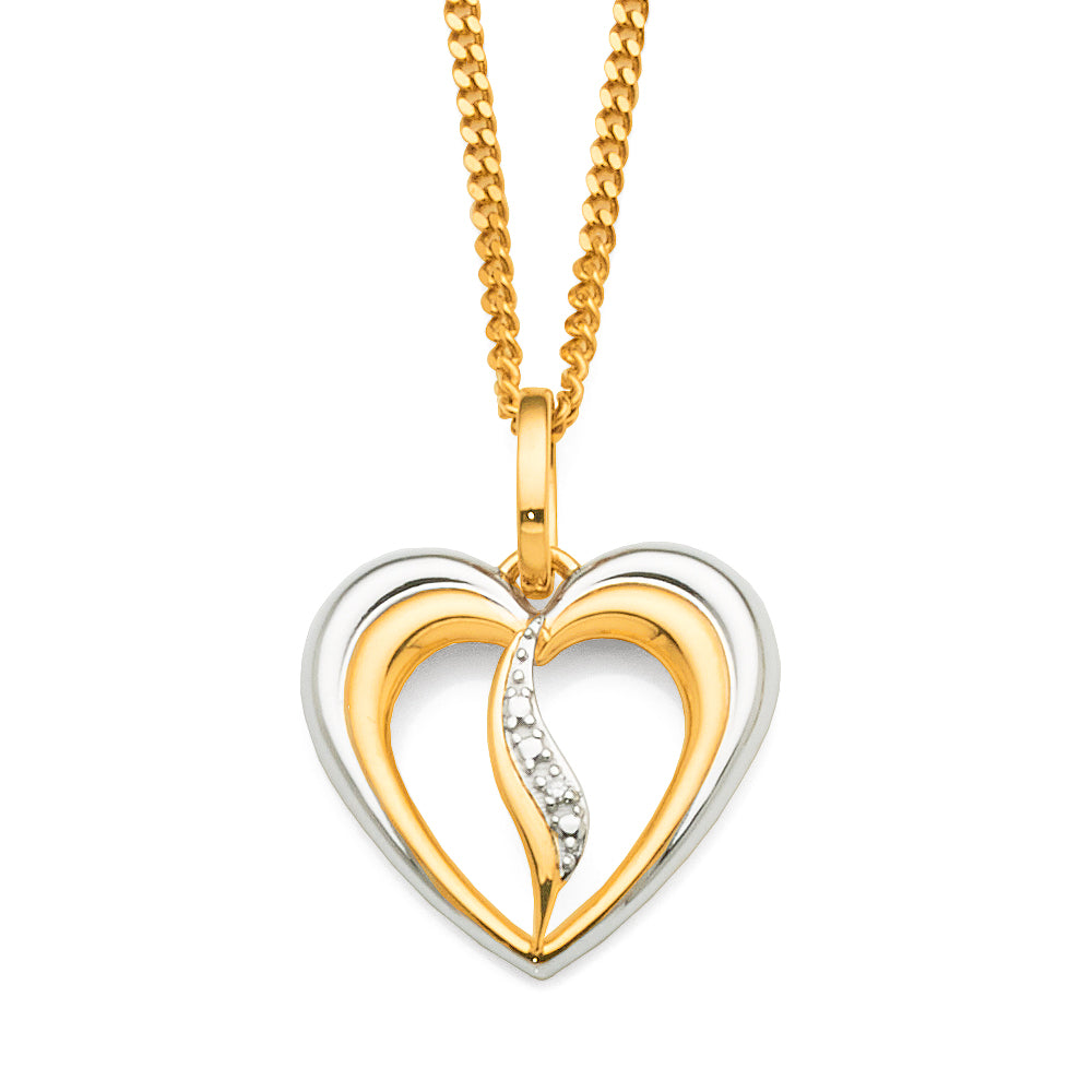 9ct 2-Tone Yellow & White Gold Diamond Set Heart Pendant