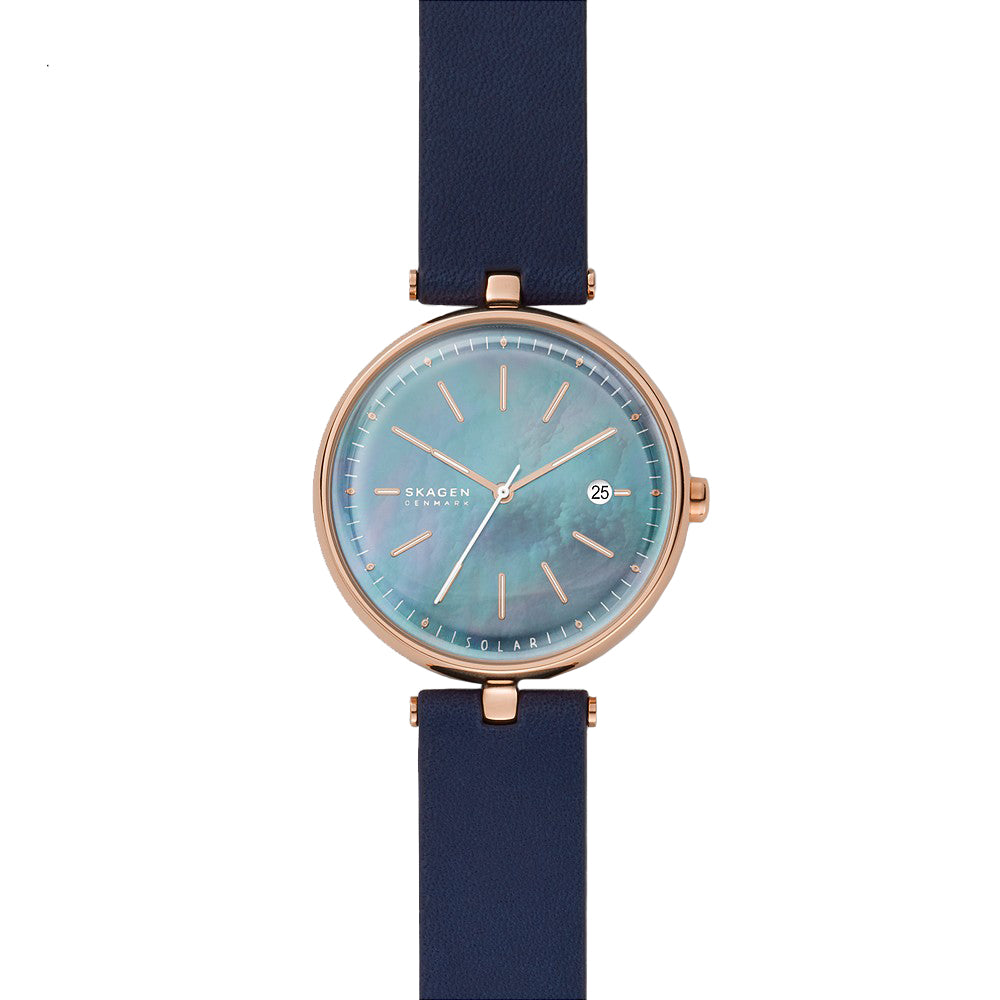 Skagen 'Karolina' Solar Navy Eco Leather Rose Tone Watch SKW