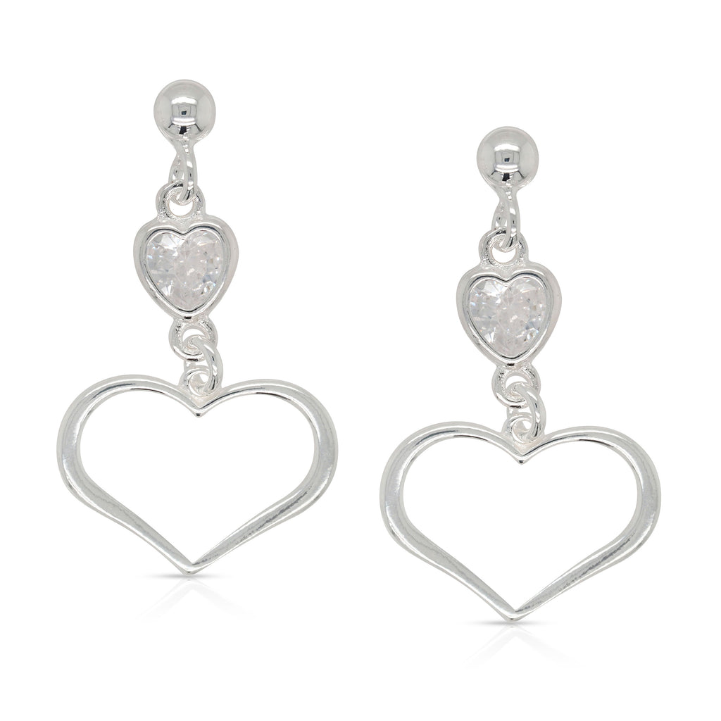 Sterling Silver Cubic Zirconia Heart Drop Stud Earrings