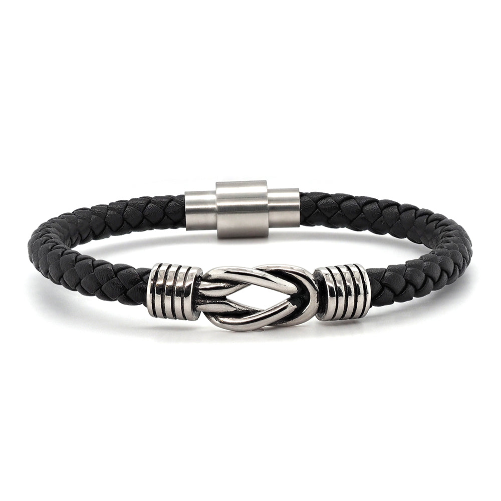 Black Plaited Leather Stainless Steel Knot Bracelet