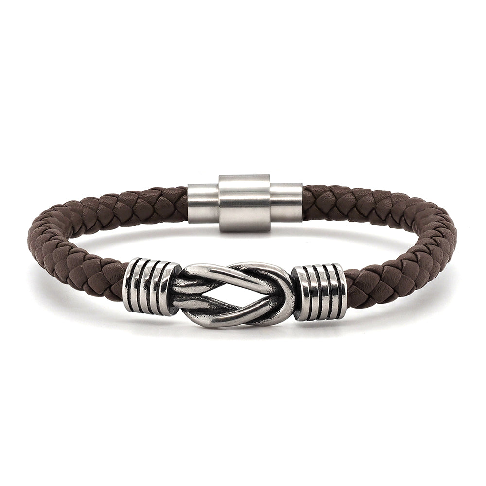 Brown Plaited Leather Stainless Steel Knot Bracelet