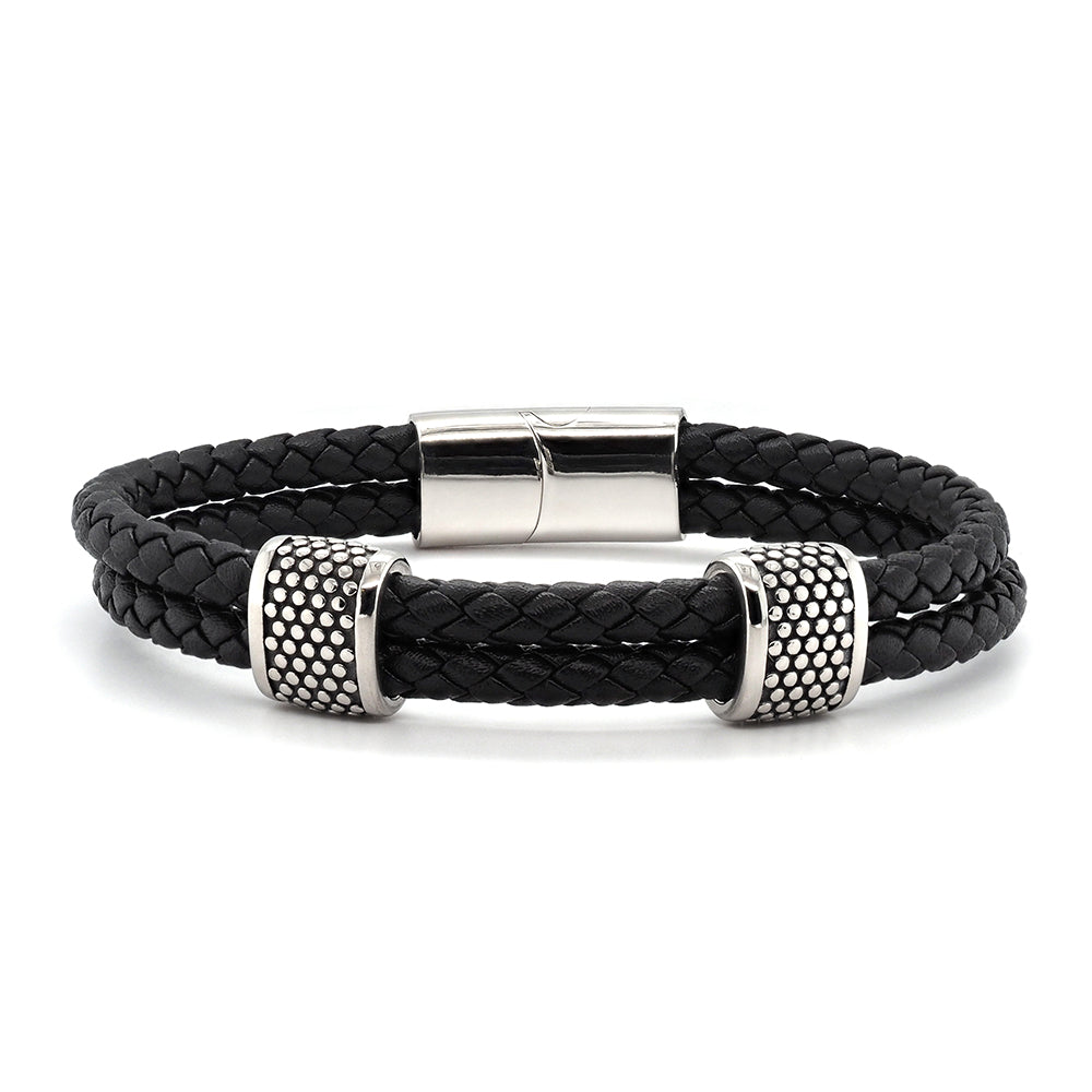 Plaited Black Leather Double Strand Stainless Steel Bracelet