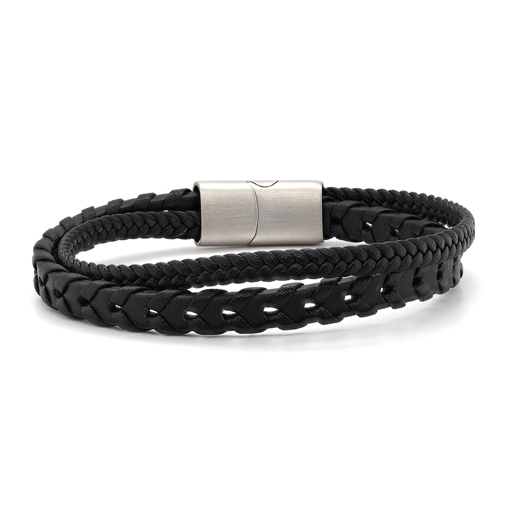 Stainless Steel Black Leather Plaited Double Strand Bracelet