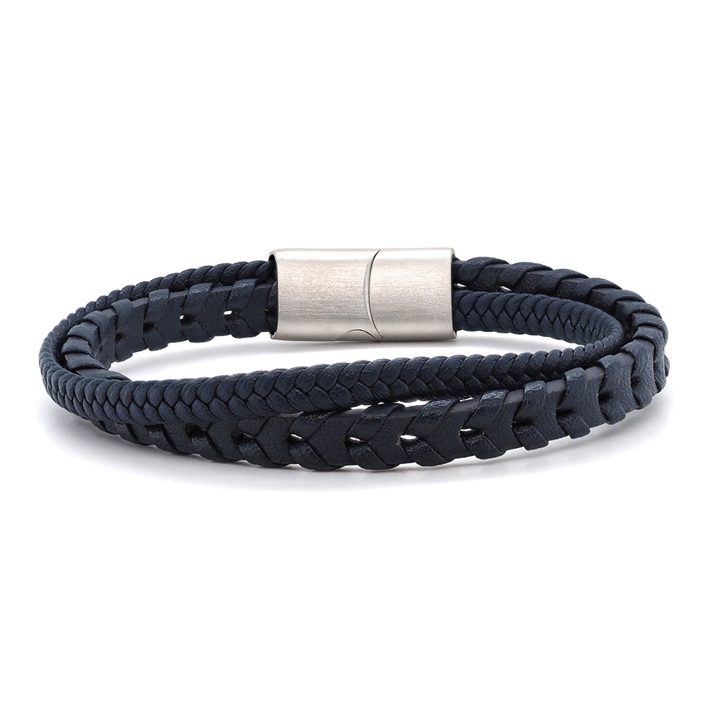 Stainless Steel Blue Leather Plaited Double Strand Bracelet