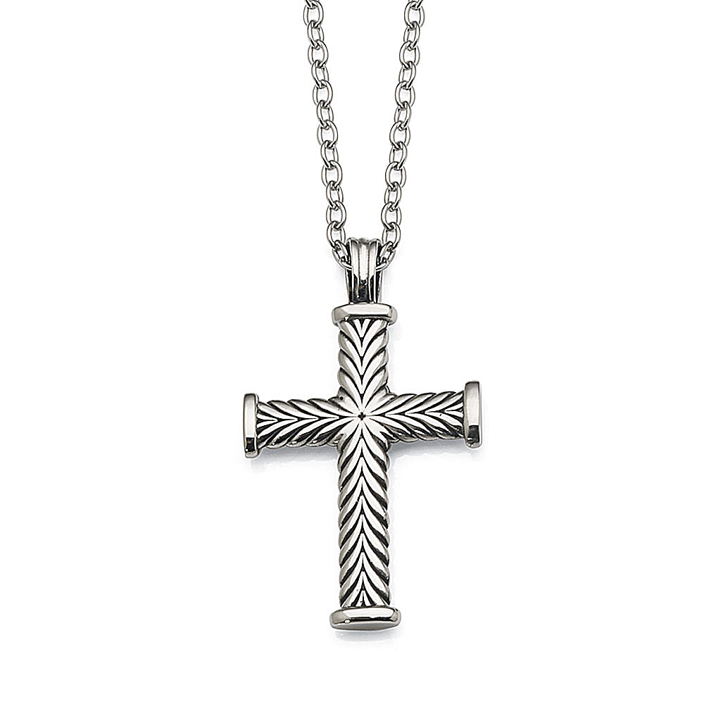 Stainless Steel Herringbone Patterned Cross Pendant On 55cm