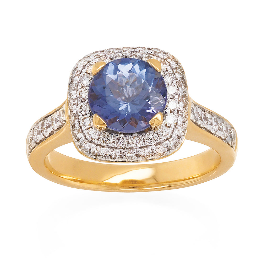 18ct Yellow Gold Round Tanzanite & Diamond Double Halo Ring