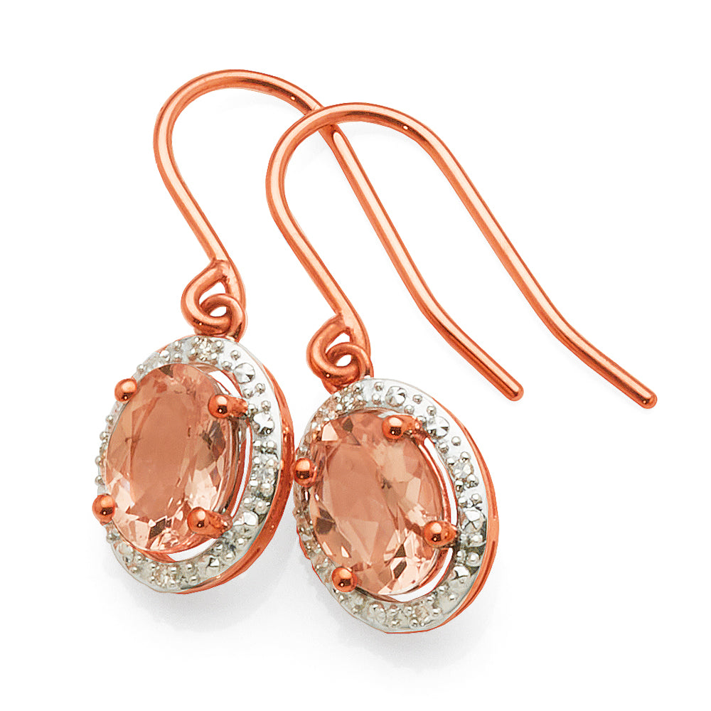 9ct Rose Gold Oval Morganite Diamond Halo Drop Hook Earrings