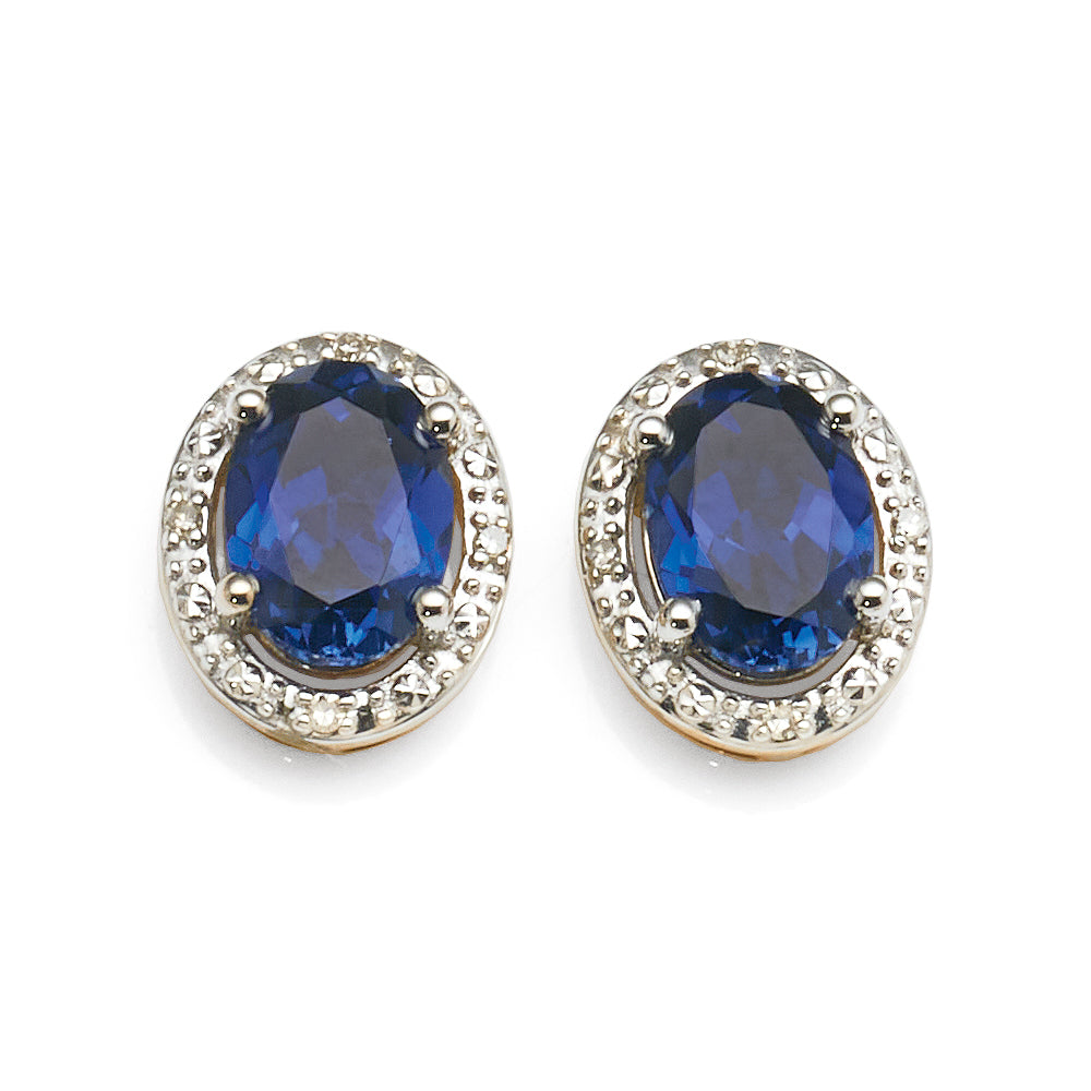 9ct Yellow Gold Oval Created Sapphire Diamond Halo Studs