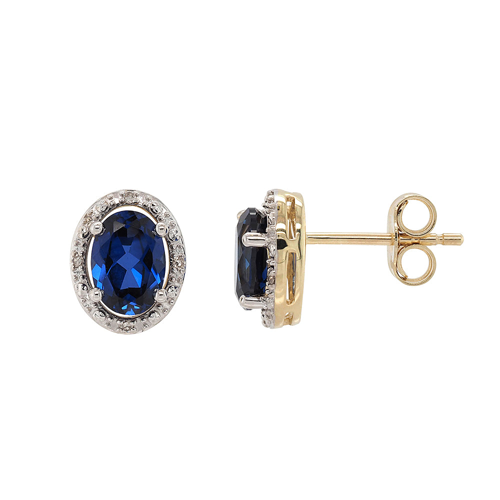 9ct Yellow Gold Oval Created Sapphire Diamond Halo Studs