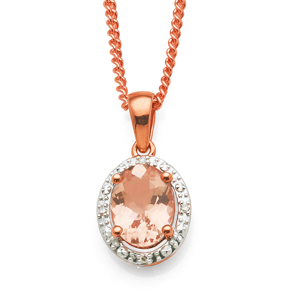 9ct Rose Gold Oval Morganite & Diamond Halo Pendant