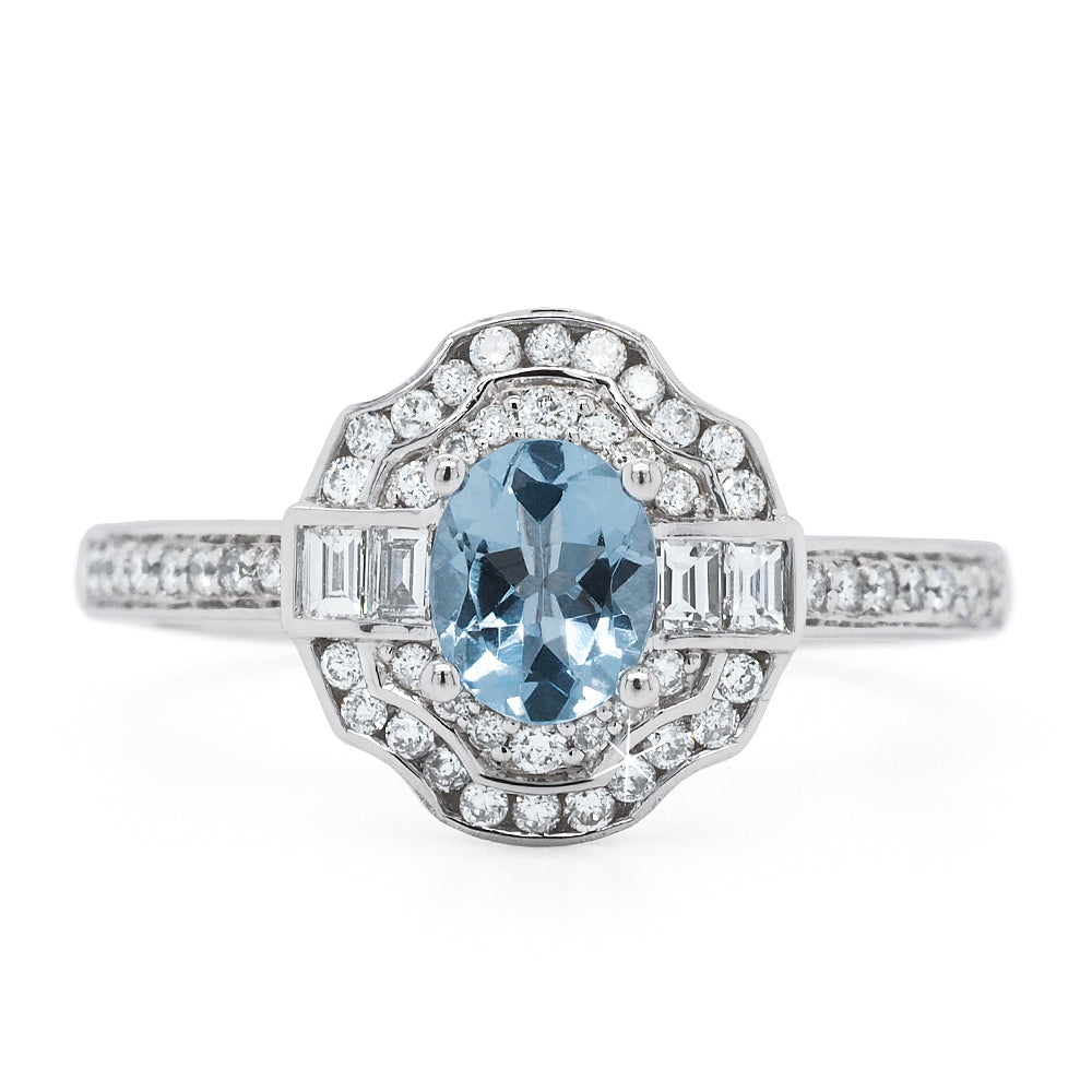 9ct White Gold Aquamarine & Diamond Vintage-Style Ring TDW 0