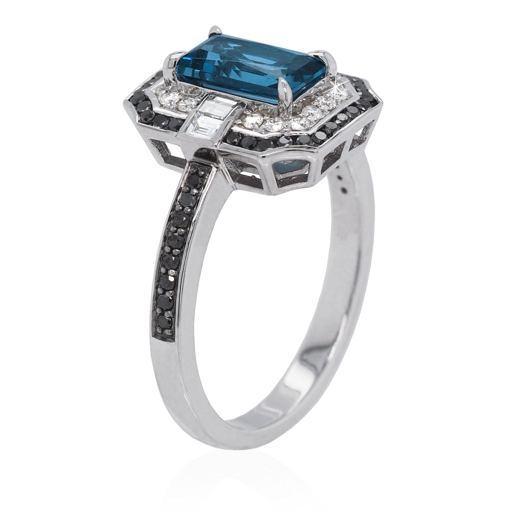 9ct White Gold London Blue Topaz & White & Black Diamond Rin