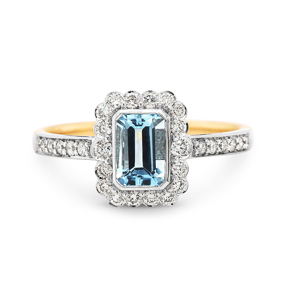 9ct 2-Tone Emerald Cut Aquamarine & Diamond Ring TDW 0.28ct