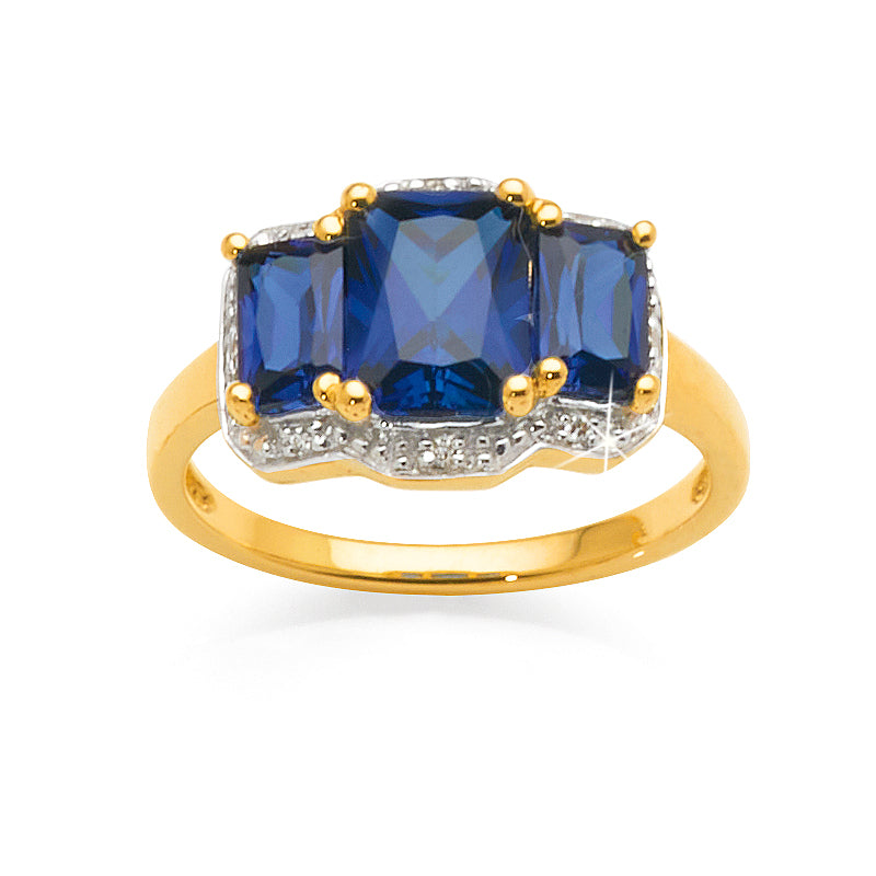 Rectangle Created Sapphire and Diamond Halo Ring in 9ct Gold