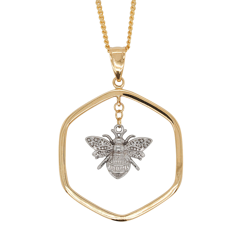 9ct 2-Tone Gold Open Flat Hexagon Hanging Bee Pendant