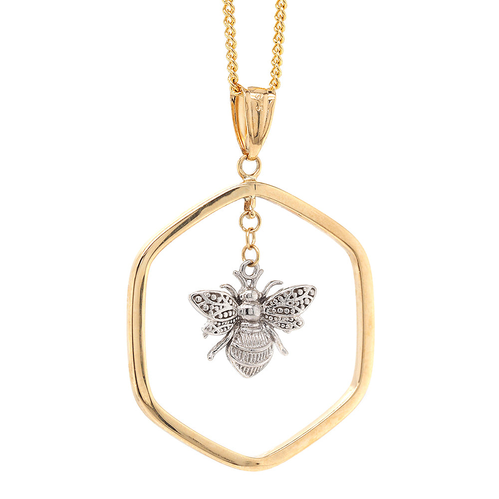 9ct 2-Tone Gold Open Flat Hexagon Hanging Bee Pendant