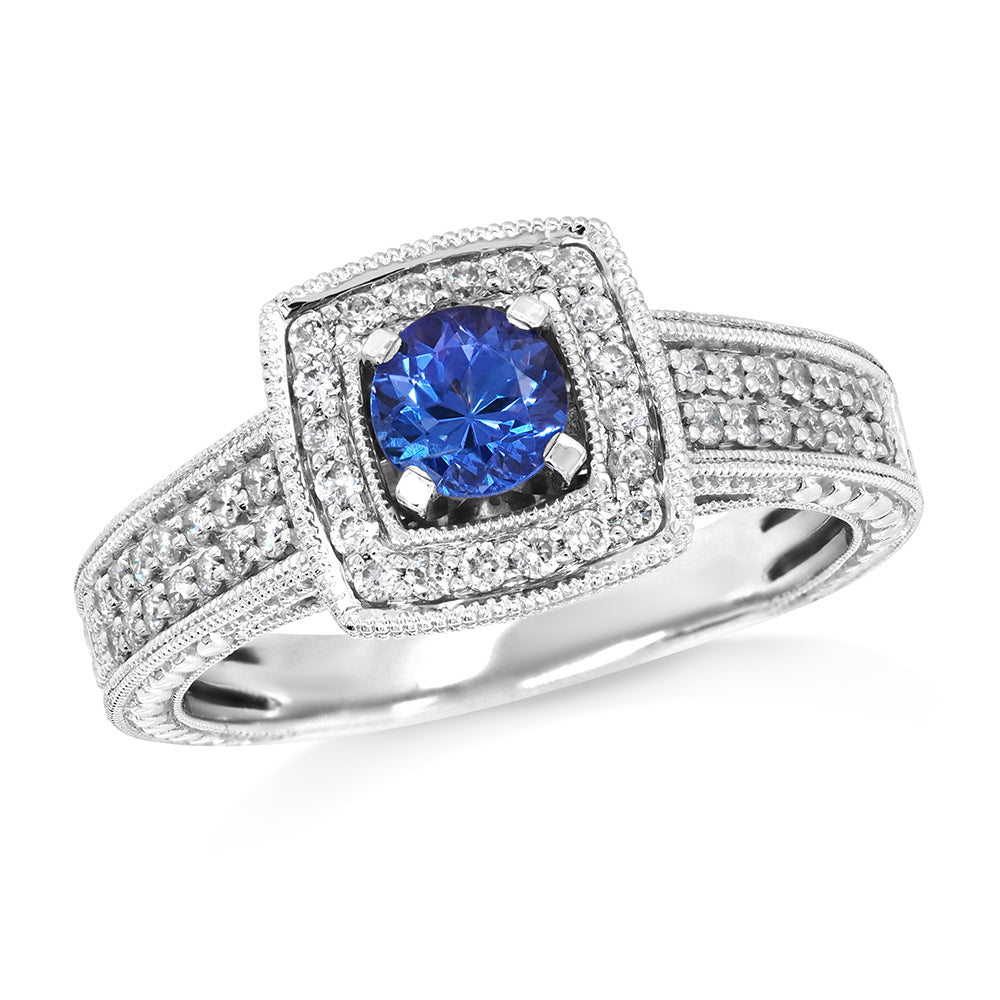 18ct White Gold Tanzanite & Diamond Halo Dress Ring TDW: 0.3