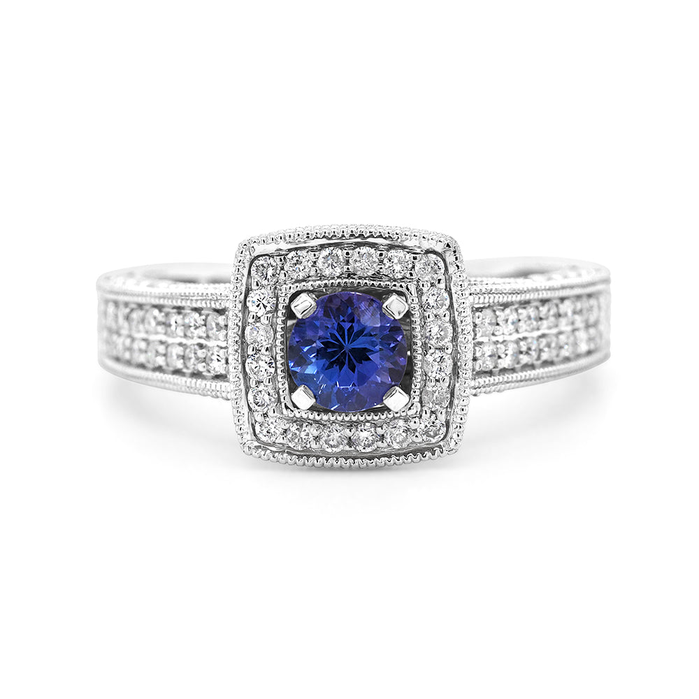 18ct White Gold Tanzanite & Diamond Halo Dress Ring TDW: 0.3