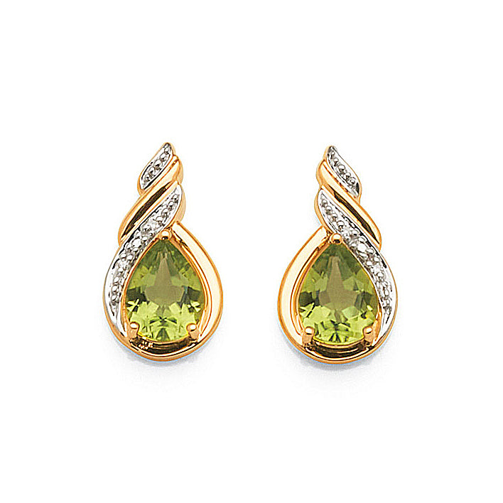 9ct Yellow Gold Peridot & Diamond Pear Shaped Stud Earrings