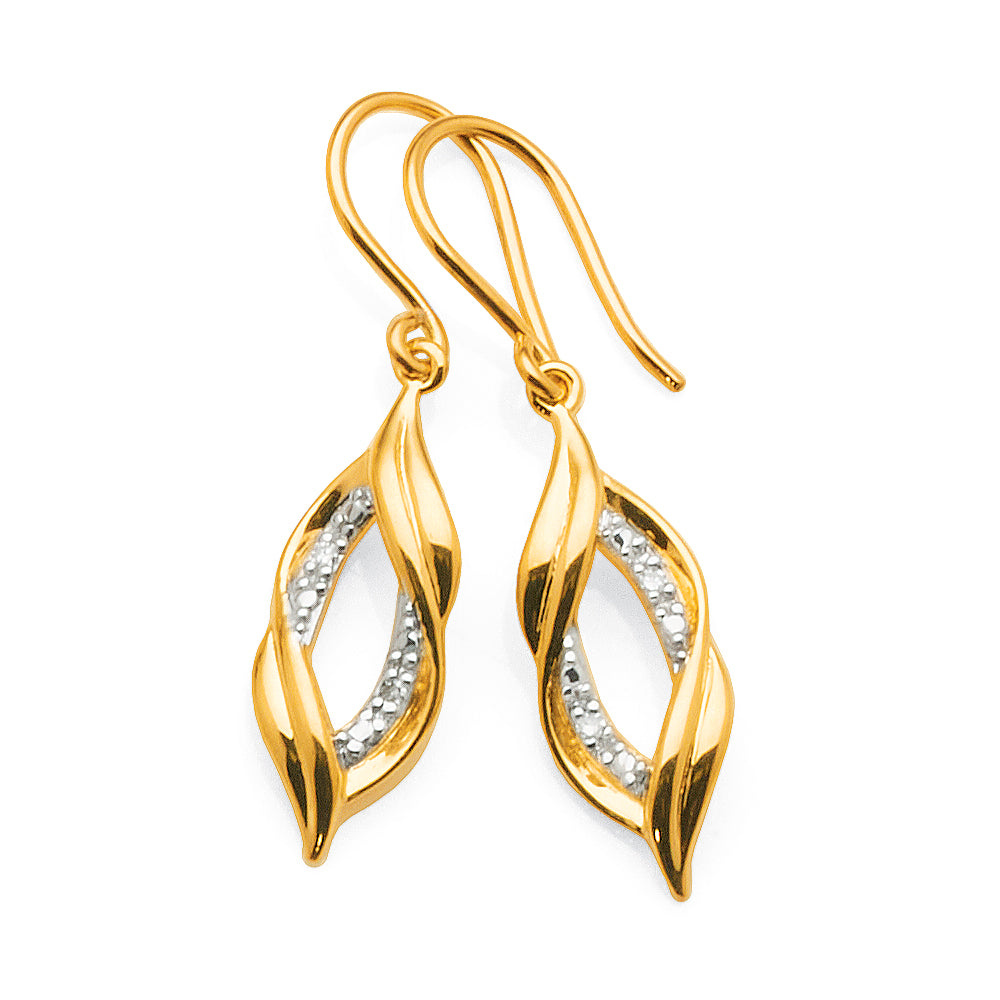 9ct Gold Diamond Set Drop Hook Earrings