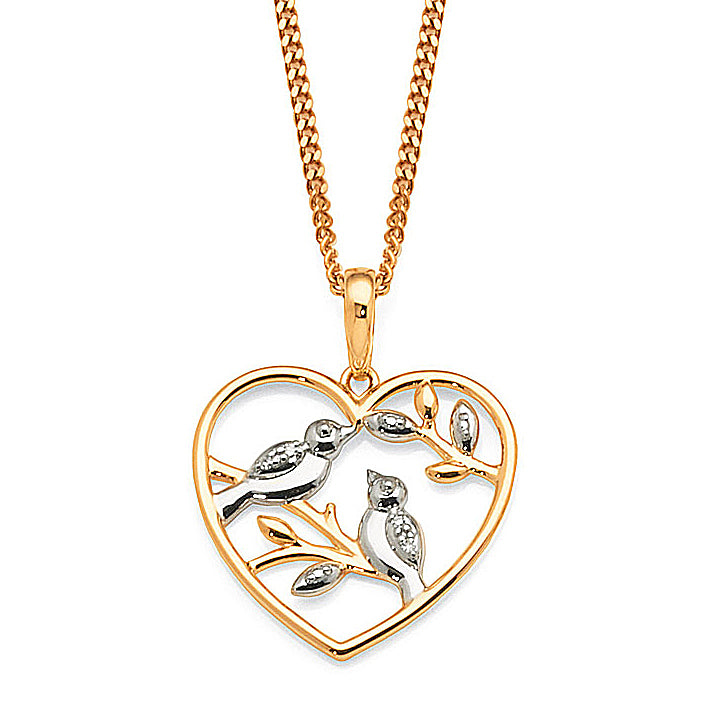 9ct 2-Tone Gold Diamond Open Heart & Bird Pendant