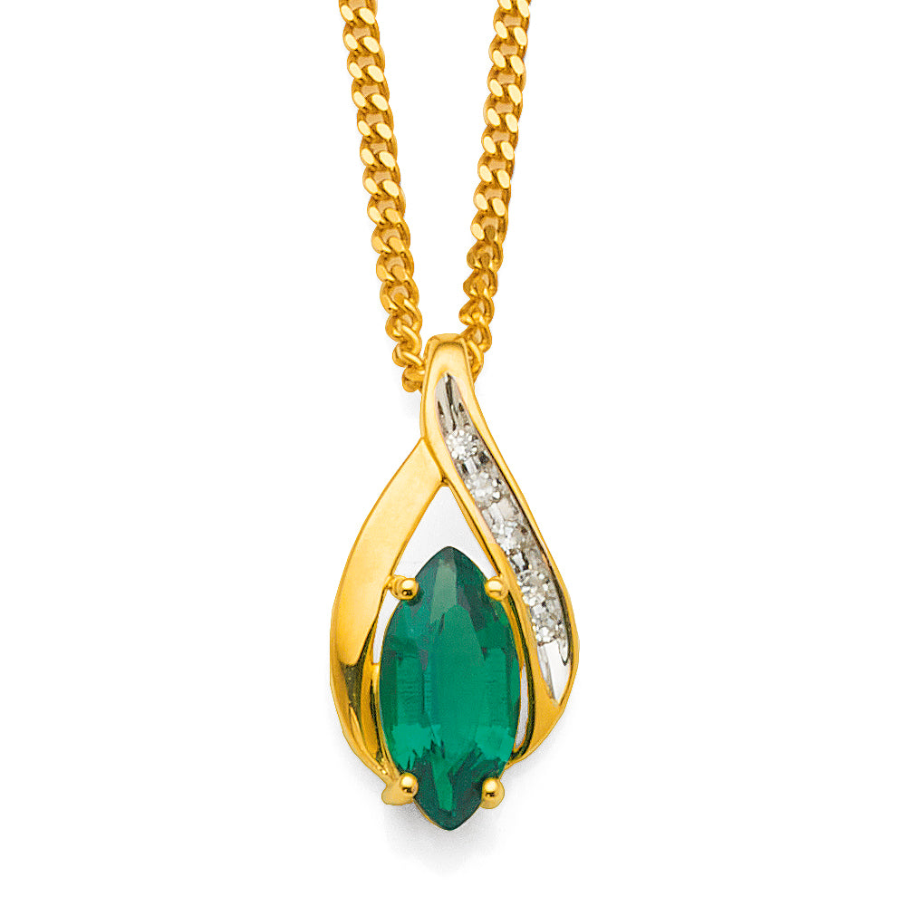 9ct Gold 10x5mm Created Emerald & Diamond Pendant