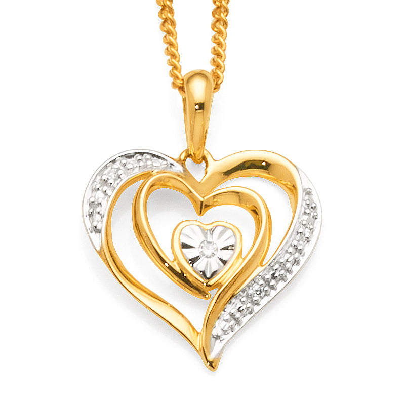 9ct Yellow Gold Open Double Heart Diamond Pendant