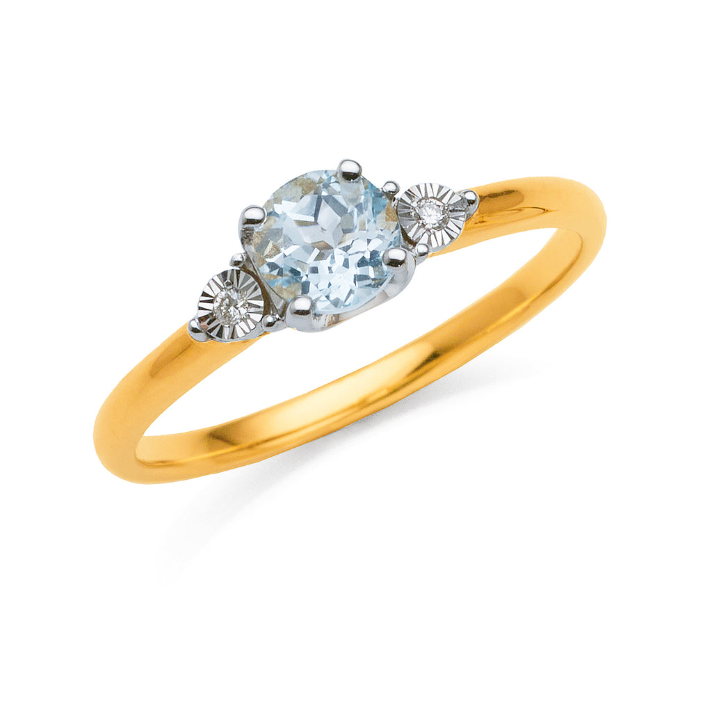 9ct Gold 5mm Round Blue Topaz & Diamond Ring