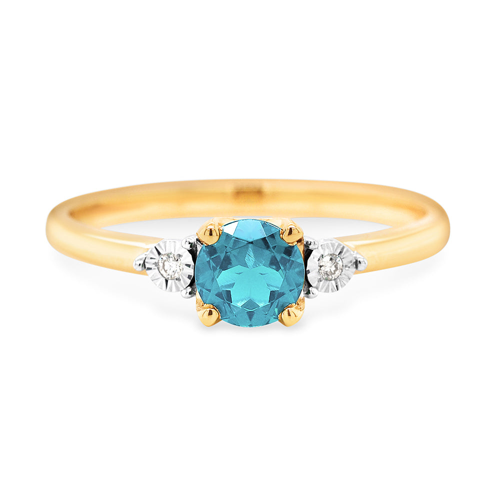 9ct Gold 5mm Round Blue Topaz & Diamond Ring