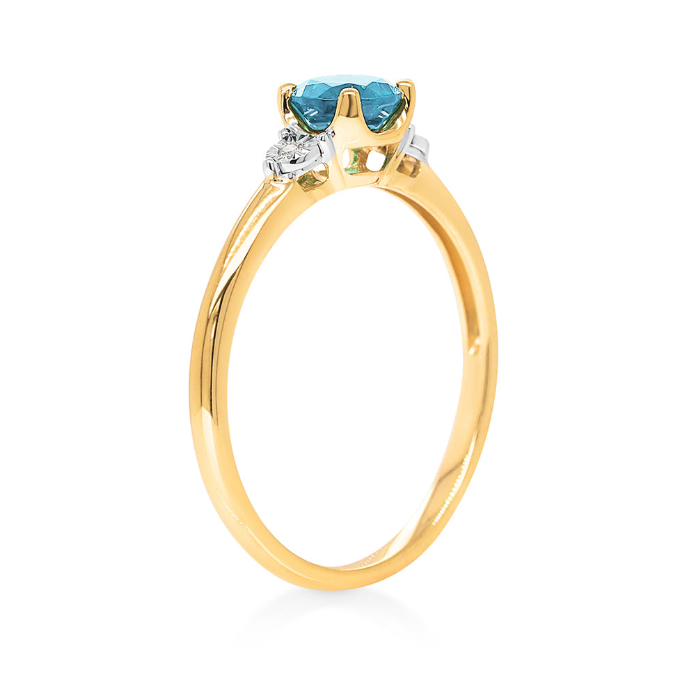 9ct Gold 5mm Round Blue Topaz & Diamond Ring