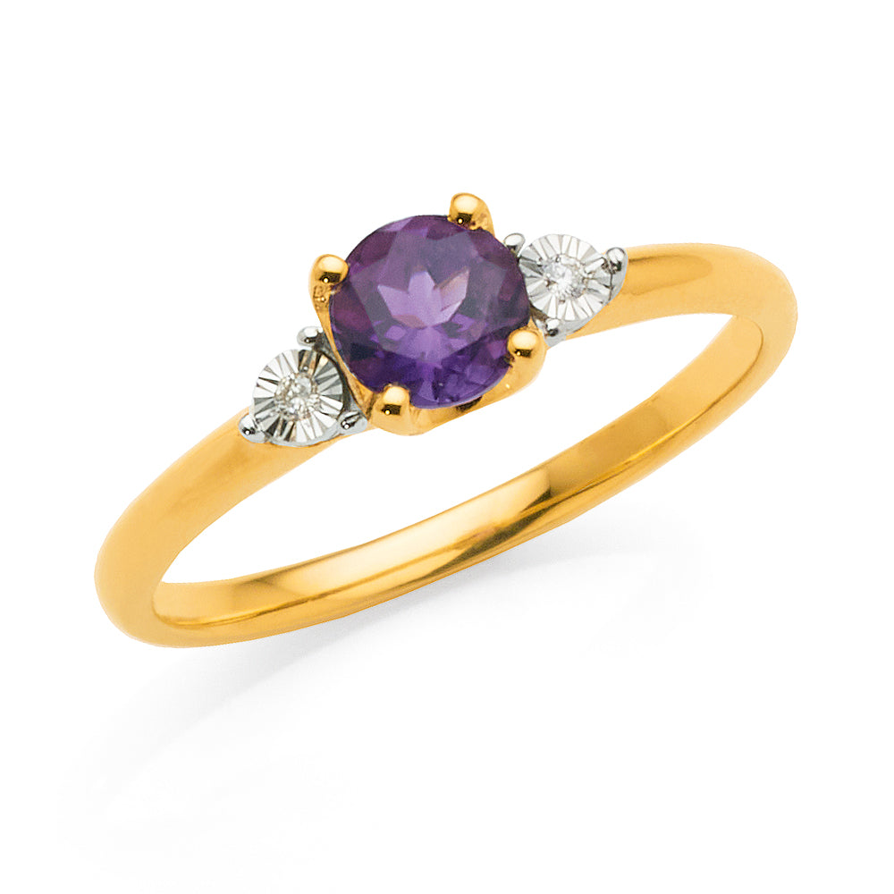 9ct Gold 5mm Round Amethyst & Diamond Ring