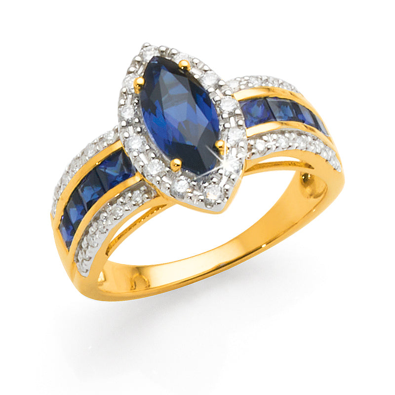 9ct Yellow Gold Created Marquise Shaped Sapphire & Diamond R