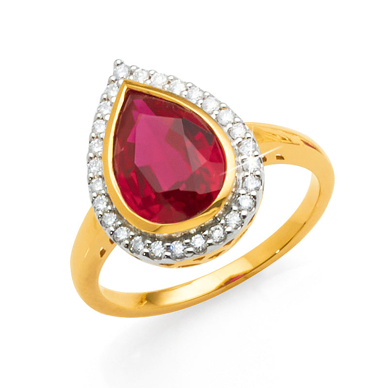 9ct Yellow Gold Pear Shaped Ruby & Diamond Halo Ring TDW 0.2