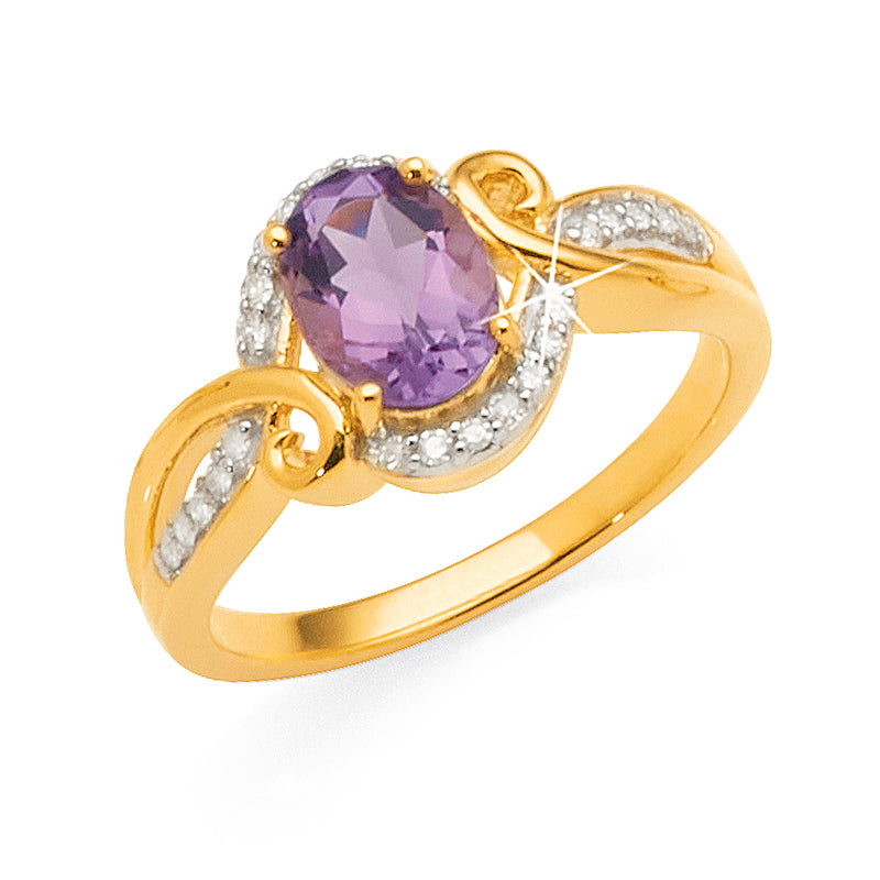 9ct Yellow Gold 8x6mm Oval Amethyst & Diamond Ring