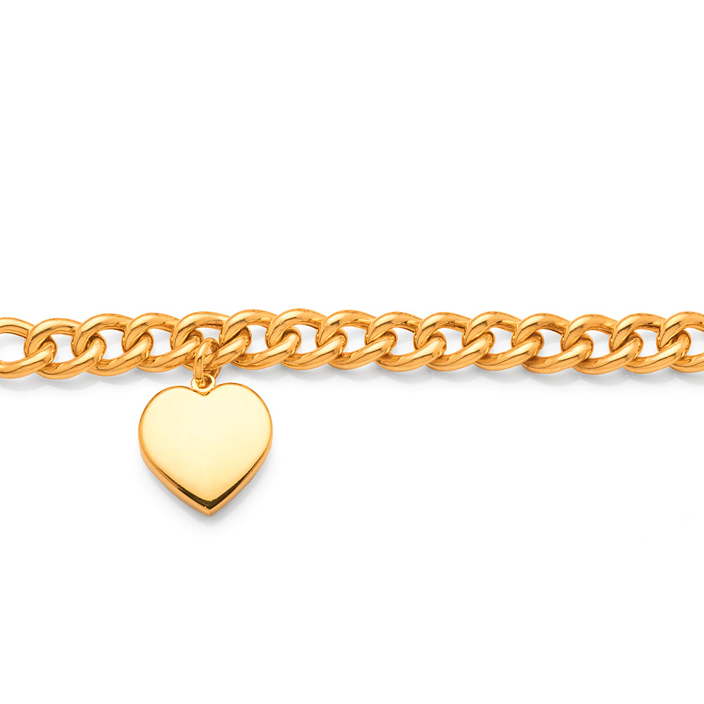 Yellow Gold Bonded Curb Bracelet With Hanging Heart Charm