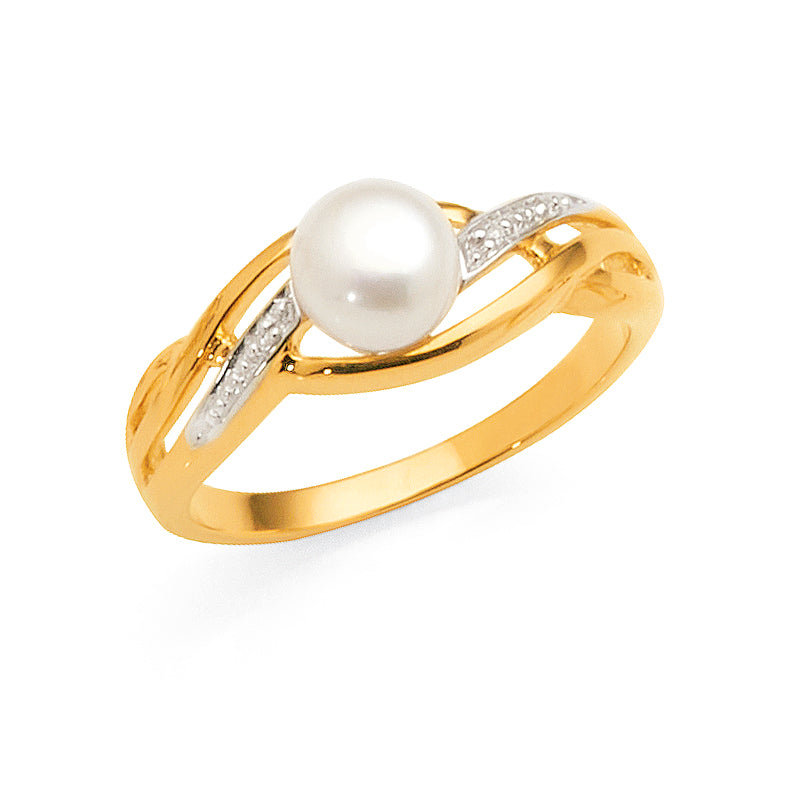 9ct Yellow Gold Freshwater Pearl & Diamond Open Shoulder Rin