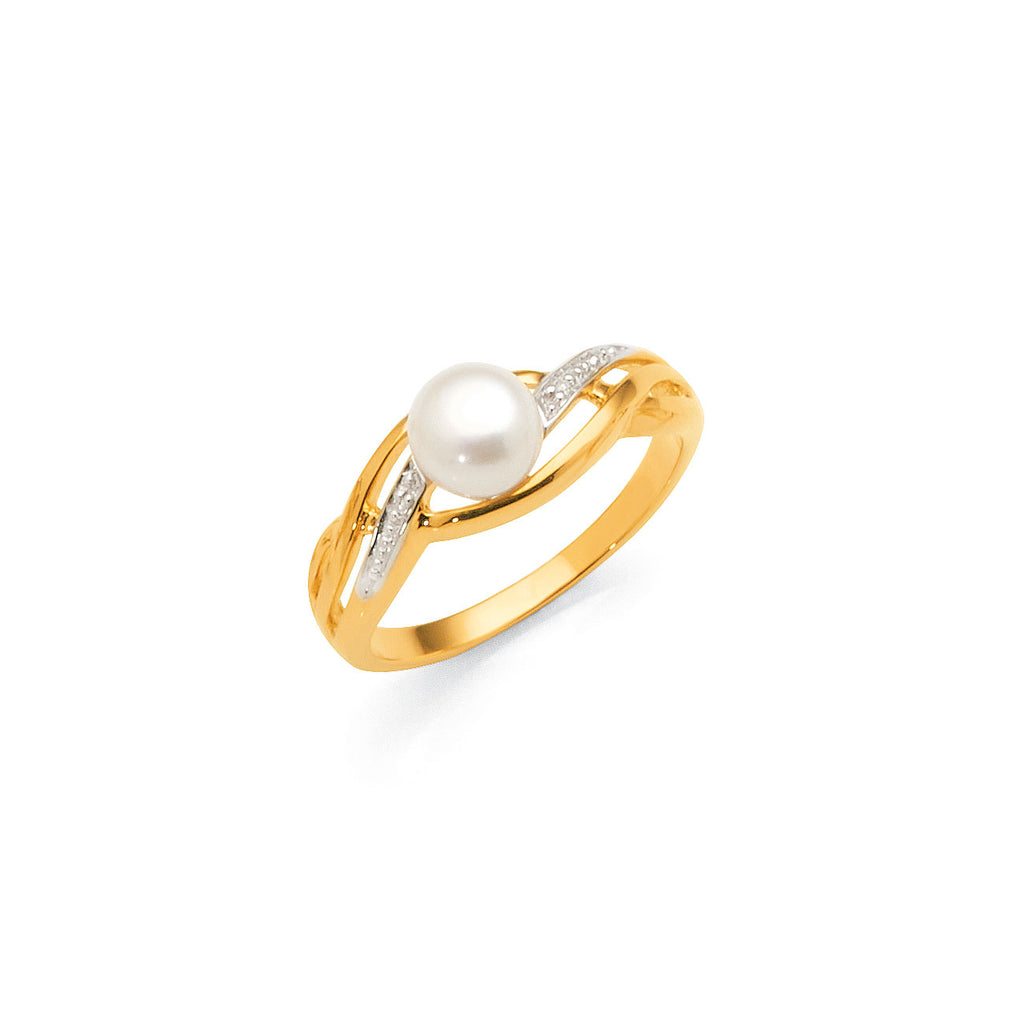 9ct Yellow Gold Freshwater Pearl & Diamond Open Shoulder Rin