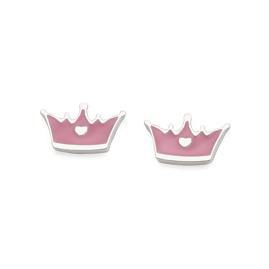 Sterling Silver Pink Enamel Crown Stud Earrings